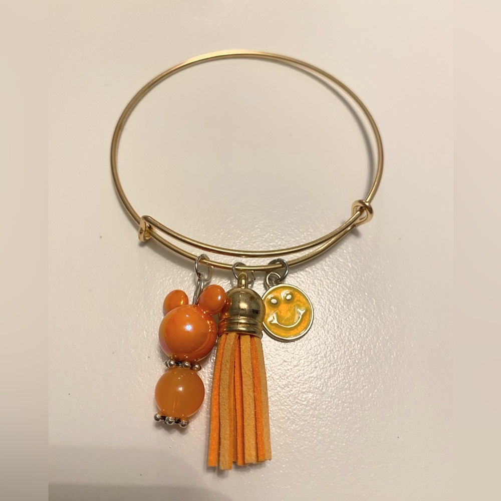 Gold Bangle Bracelet with Orange Mickey Mouse Charm